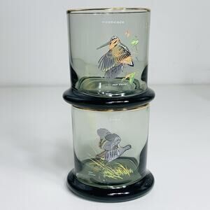 NED SMITH Single Lowball 8 oz Glass Set (2) Smoke Gold Rim Waterfowl Rocks EUC
